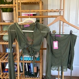 Edikted indigo gathered mesh mini skirt and mesh front tie crop set in olive